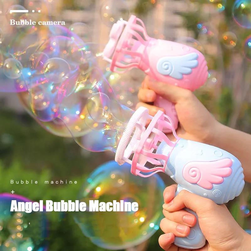 Angel Wings Bubble Machine with Mini Fan 3 In 1 Magic Bubble In Bubble Gun Soap Water Bubble Maker for Kids Summer Outdoor Toy