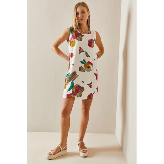 Летнее мини-льняное платье с каменным узором