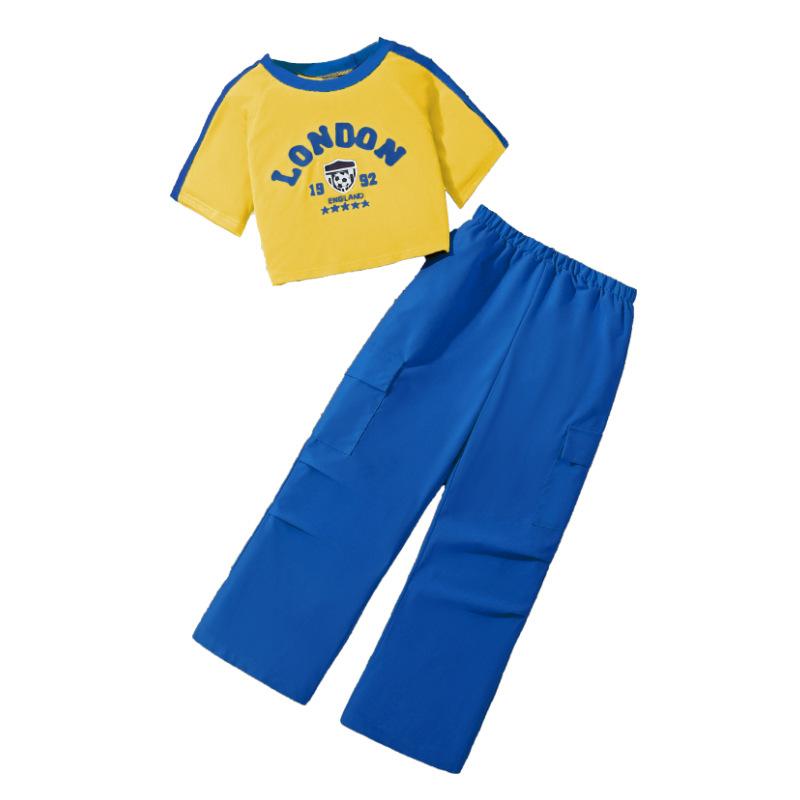 Girls' Fashion Set 2025 Summer Children's Letter Short Sleeve Top Casual Cargo Pants Two-piece Set