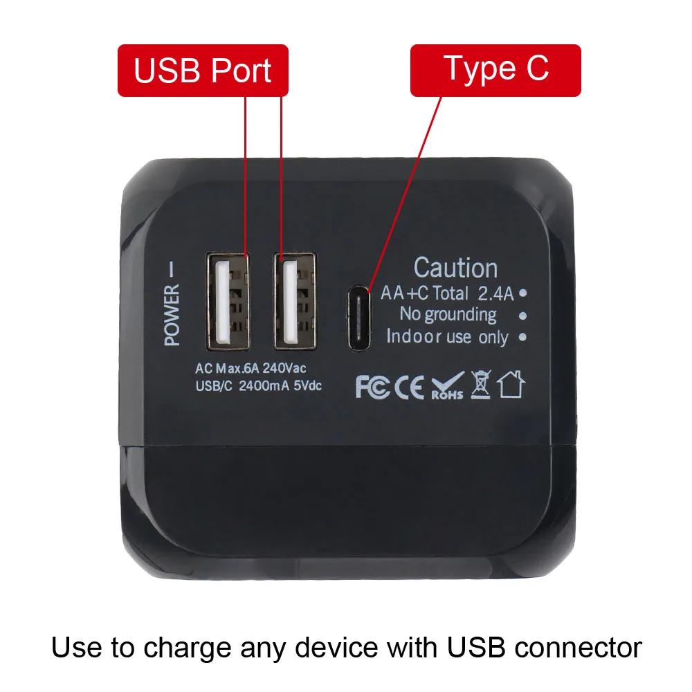 Universal All-in-One Travel Adapter US EU UK AU Plug with 3 Ports (2USB +1 Type C), Fast Wall Charger for Worldwide Travel Use