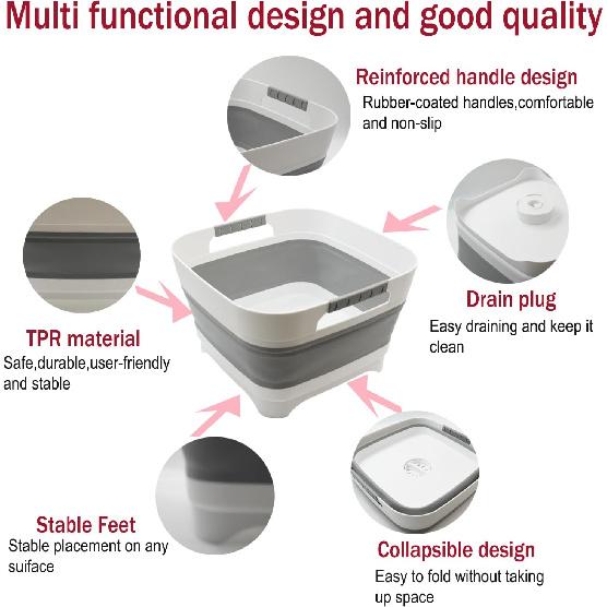 2.9 Gal(11L) Collapsible Wash Basin With Drain Plug, Space Saving Multiuse Foldable Sink Tub,Dishpan,RV Camping Sink,Vegetable Washing Basin,Ice