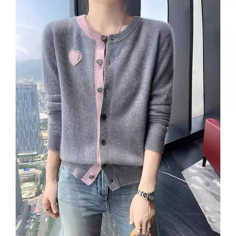 2026 Autumn Winter Women's Korean Heart Embroidered Round Neck Cardigan - Simple Knit, Long Sleeve Sweater