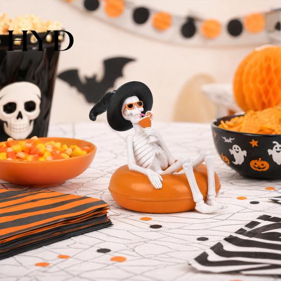 Desktop Halloween Decor Ornament, Creative Resin Statues, Float Ring Skeleton Ghost Figurines, Pool Party Scene Decorations, Home Outdoor