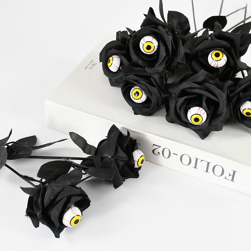 1/5pcs Halloween Artificial Black Rose With Eyeball Fake Flower Bouquet Halloween Party Horror Props Home Decoration DIY Craft