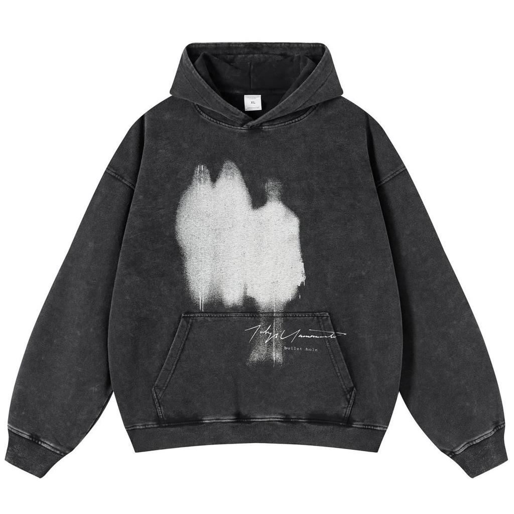 Уличная одежда Crowd Shadow Graphic Unisex Washed Black Oversized Толстовка унисекс с длинными рукавами
