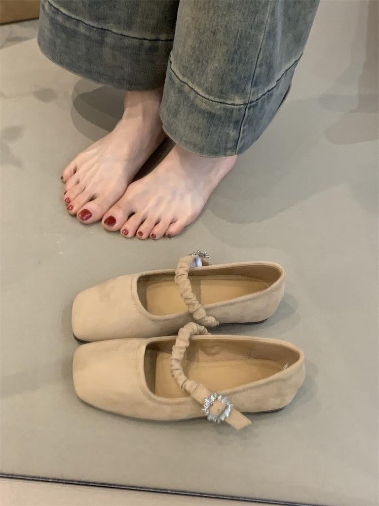 Square Head Mary Jane Shoes Women's Suede Flat-soled Single Shoes Rhinestone Buckle Pleated Belt with Skirt Temperament Grandma Shoes Tide