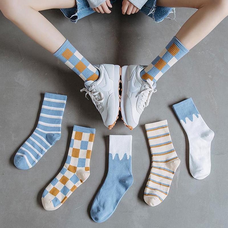 Чулки детские носки средней длины чулки Harajuku Student синие клетчатые летние высокие хлопковые носки