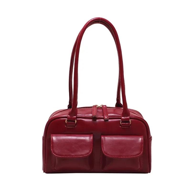 Retro Red Women's Satchel Hobo Bag Patent Leather Multi Pocket Luxury Designer Handbag Female Shoulder Underarm Bag Tote Purses