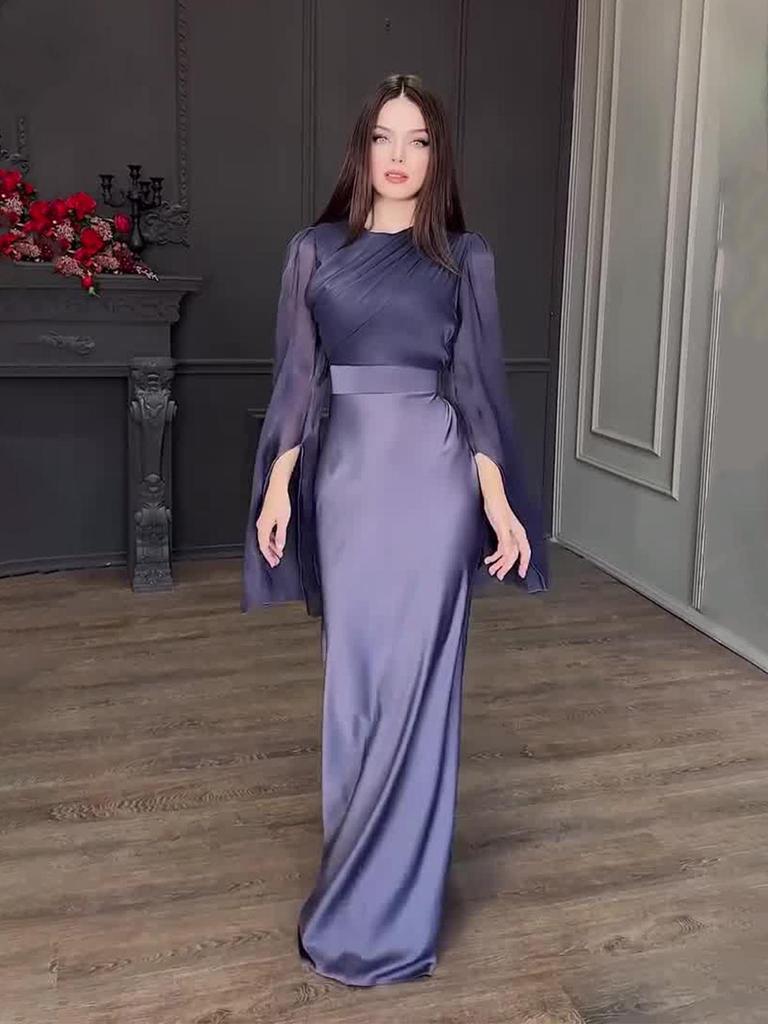 European & American 2024 Autumn Organza Satin Slim Dress with Large Swing Sleeves