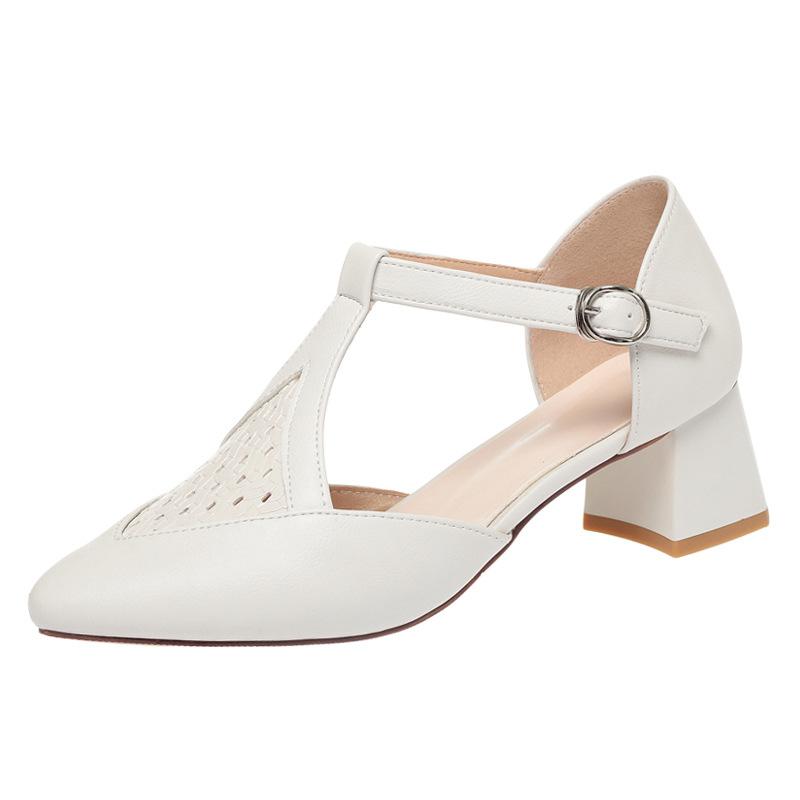 Модные летние сандалии баотоу для женщин, 5 см, острый носок, плетеные, полые, с неглубоким вырезом, Т-образная застежка, толстый каблук, повседневные туфли-лодочки, модные