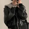 Women Jacket Fake Two-piece Faux Leather Hooded Zipper Closure Outerwear Retro Drawstring Loose Elastic Cuffs Streetwear Coat