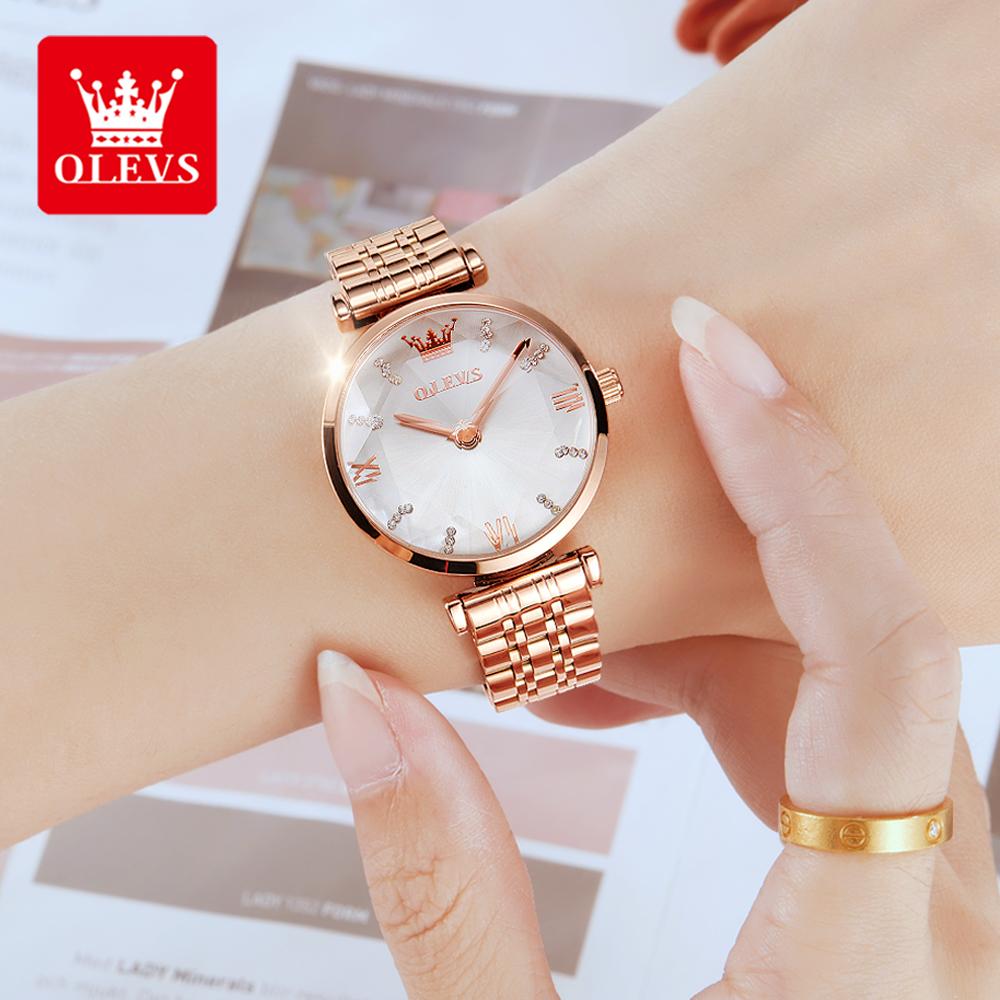 OLEVS 6642 Japan Quartz Movement Women's Watches Diamond Shaped Glass Elegant Rose Gold Steel Strap Waterproof Ladies Wristwatch