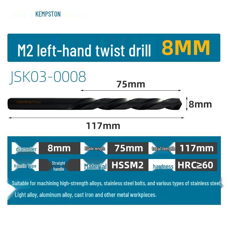 Capson M2 High-Speed Steel Left-Hand Twist Drill Bit for Stainless Steel, Straight Shank, 1-16mm