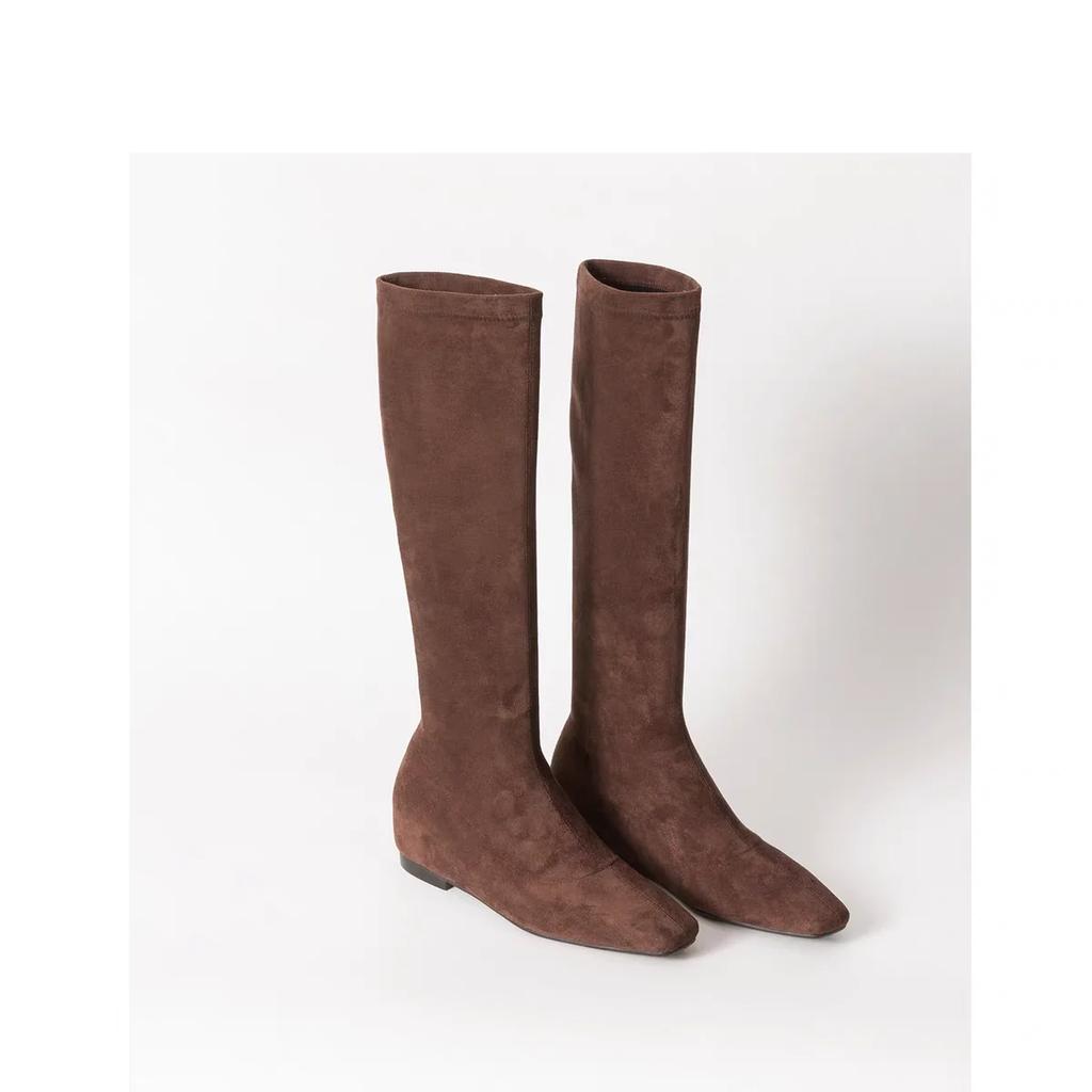 2024 Новые женские туфли, высокие женские сапоги, лаконичные современные сапоги, женские сшитые туфли с квадратным носком на танкетке, туфли до середины голени для женщин