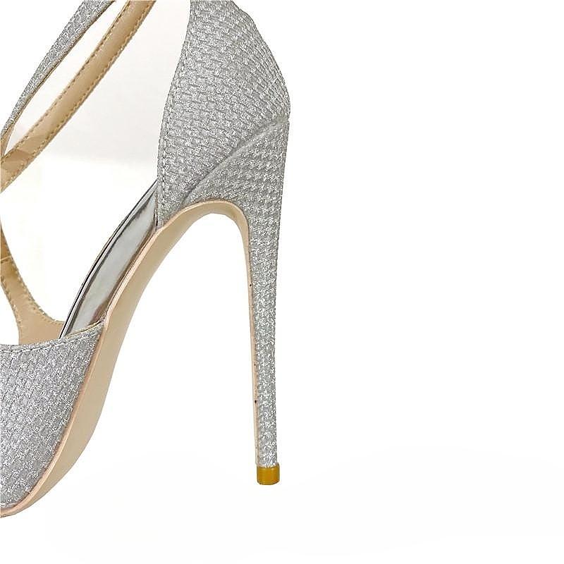 Fashionable New Silver Colored Diamond Mesh High Heels, Women's Thin Heeled Pointed Shoes, Cross Strap Sandals