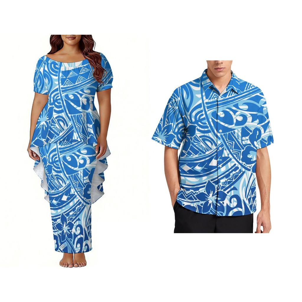 Custom Polynesian Bubble Short Sleeve Long Dress Lady Puletasi Dress Match Plus Size Men Stiff Neck Shirt Sets off Couples 2pcs