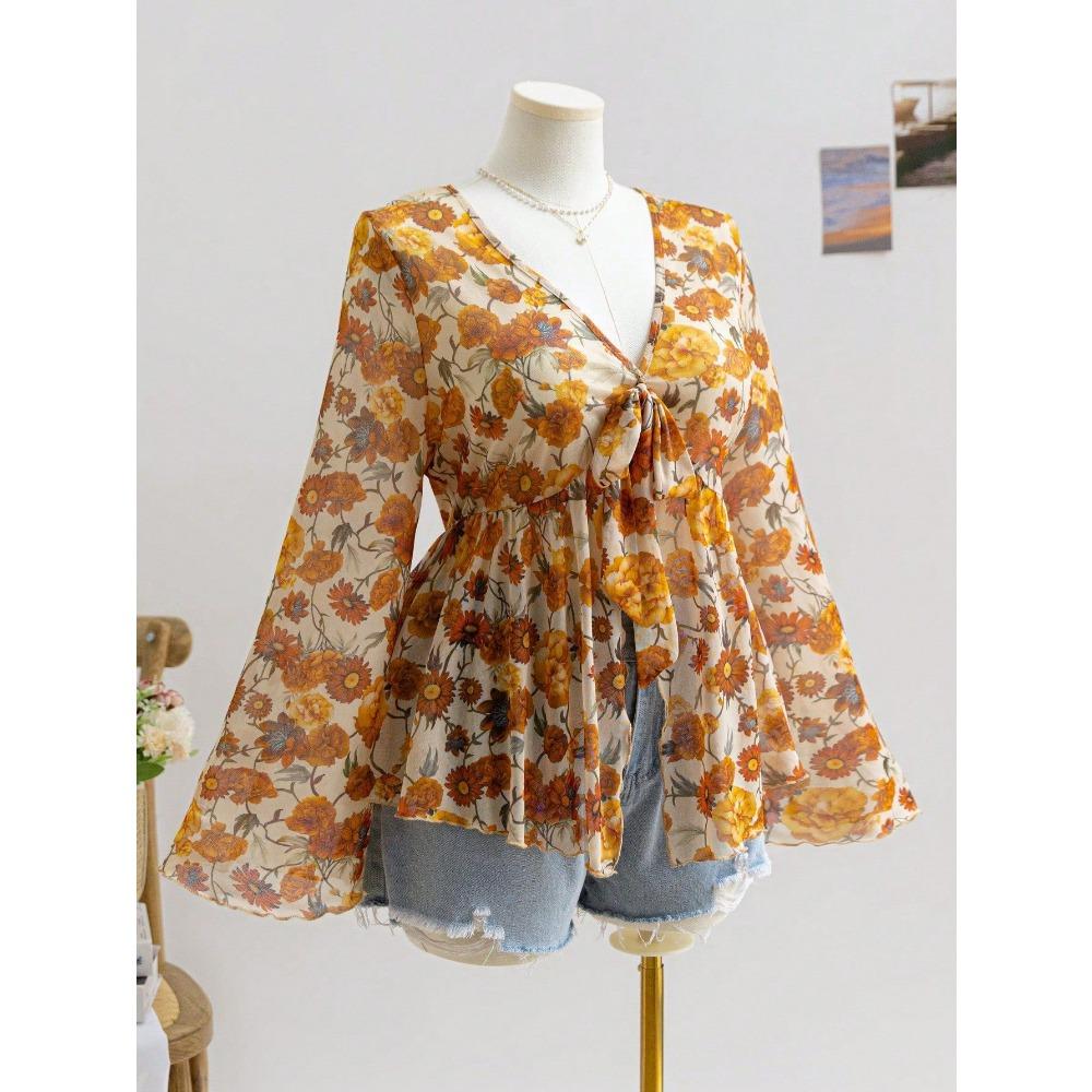 V-neck Printed Vacation-style Women's Flared Sleeve Loose and Flowing Top