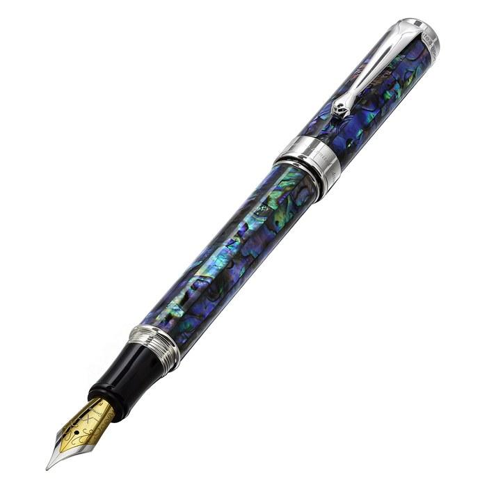 Xezo Maestro Fountain Pen, Fine Nib, Natural Abalone Shell, Pure Platinum Plating, Handmade Limited Edition, 1 Count