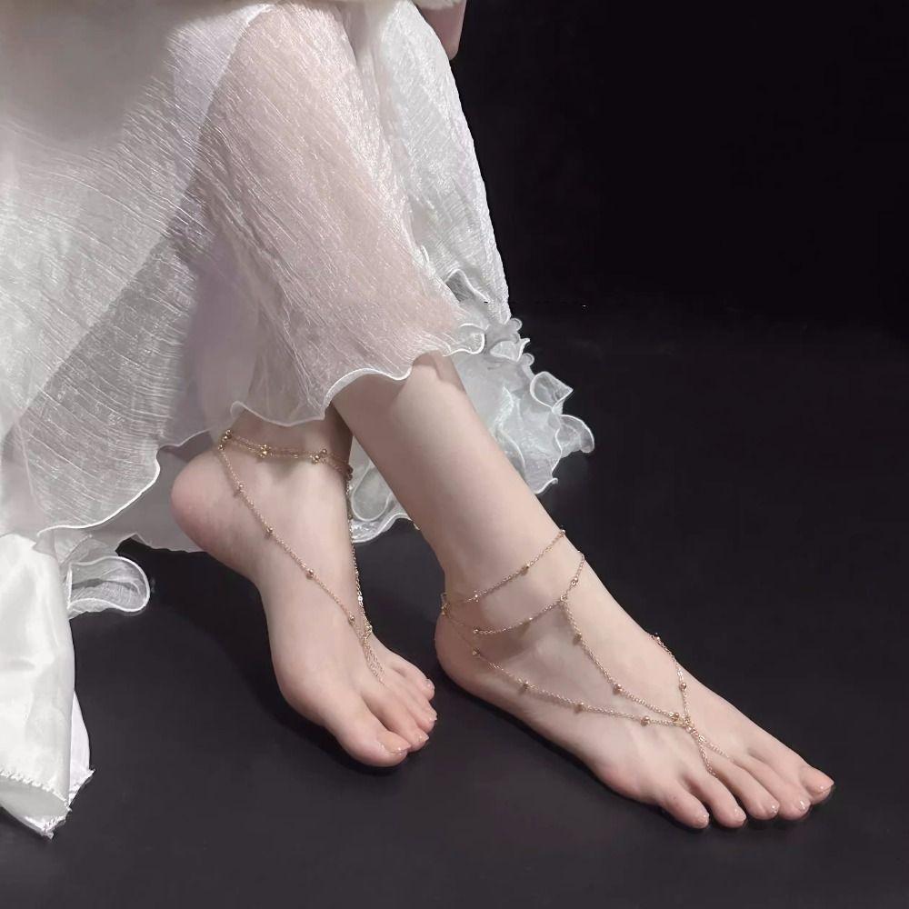 Многослойная сетчатая цепочка на щиколотку с кисточкой и бусинами, украшение для ног, элегантный браслет-цепочка в придворном стиле, для девушек