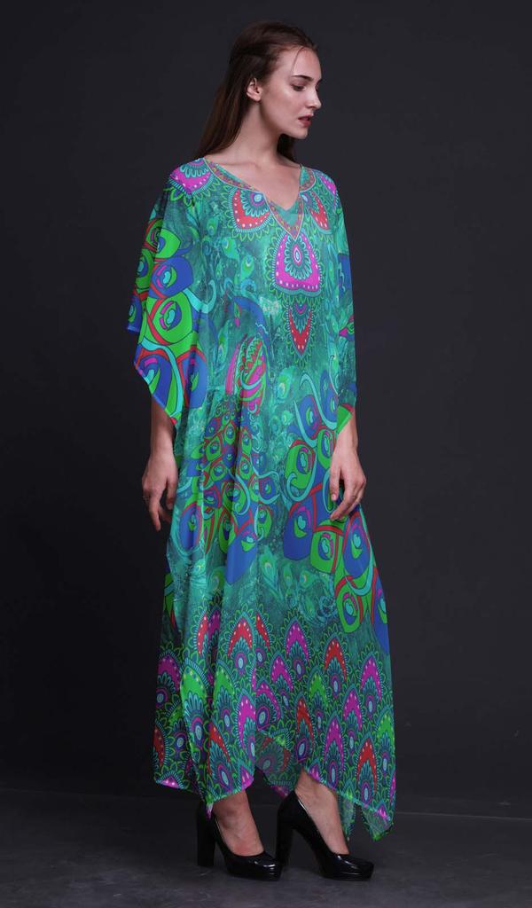 Phagun Peacock Bird Long Caftan Maxi Dress Beach Swimwear Cover Up Womens