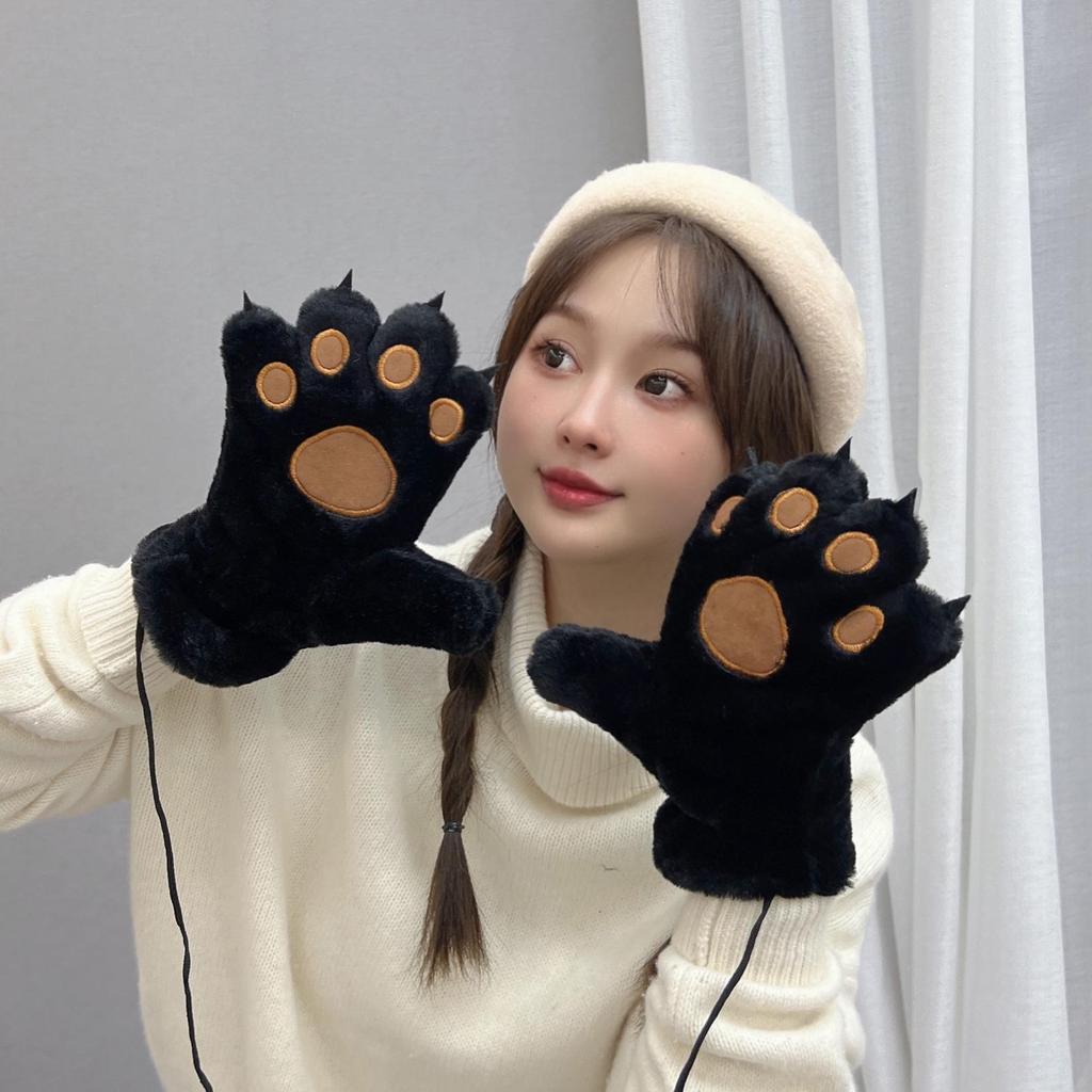 Женские осенне-зимние милые плюшевые перчатки с лапками медведя и кошки - Толстые, теплые, с мультяшным дизайном для студентов