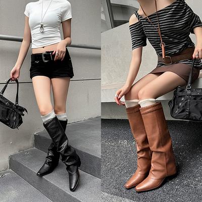 Прямые брюки труба сапоги женские 2025 осень и зима новые квадратный носок обхват голенища длинные сапоги толстый каблук большой размер до колена сапоги с голым коленом