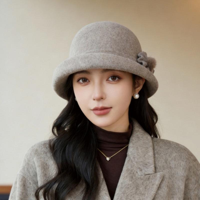 Autumn and winter new wool basin hat femininity elegant and versatile, small face thickened warm woolen bucket hat spot