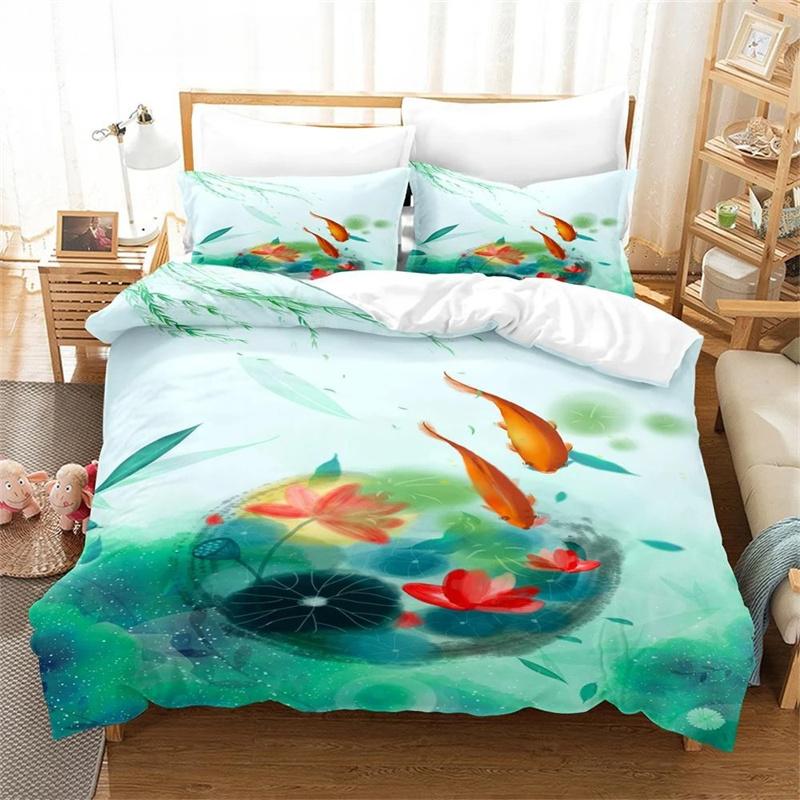 Goldfish Duvet Cover King/Queen Size Golden Red 3D Animal Bedding Set for Kid Teen Adult,Fish Themed Quilt Cover with Pillowcase