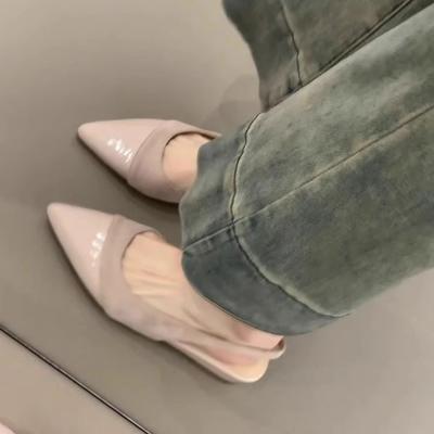 Версия из мягкой кожи~ Французский нежный ветер нюдовые туфли на танкетке с острым носком и открытым верхом, для通勤, с темпераментом, сандалии с открытым носком для женщин