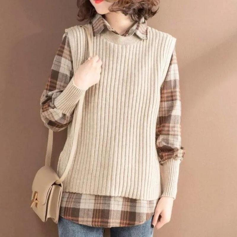 Клетчатая рубашка, вязаный жилет, комплект из двух предметов, женский весенне-осенний корейский вариант, тонкий