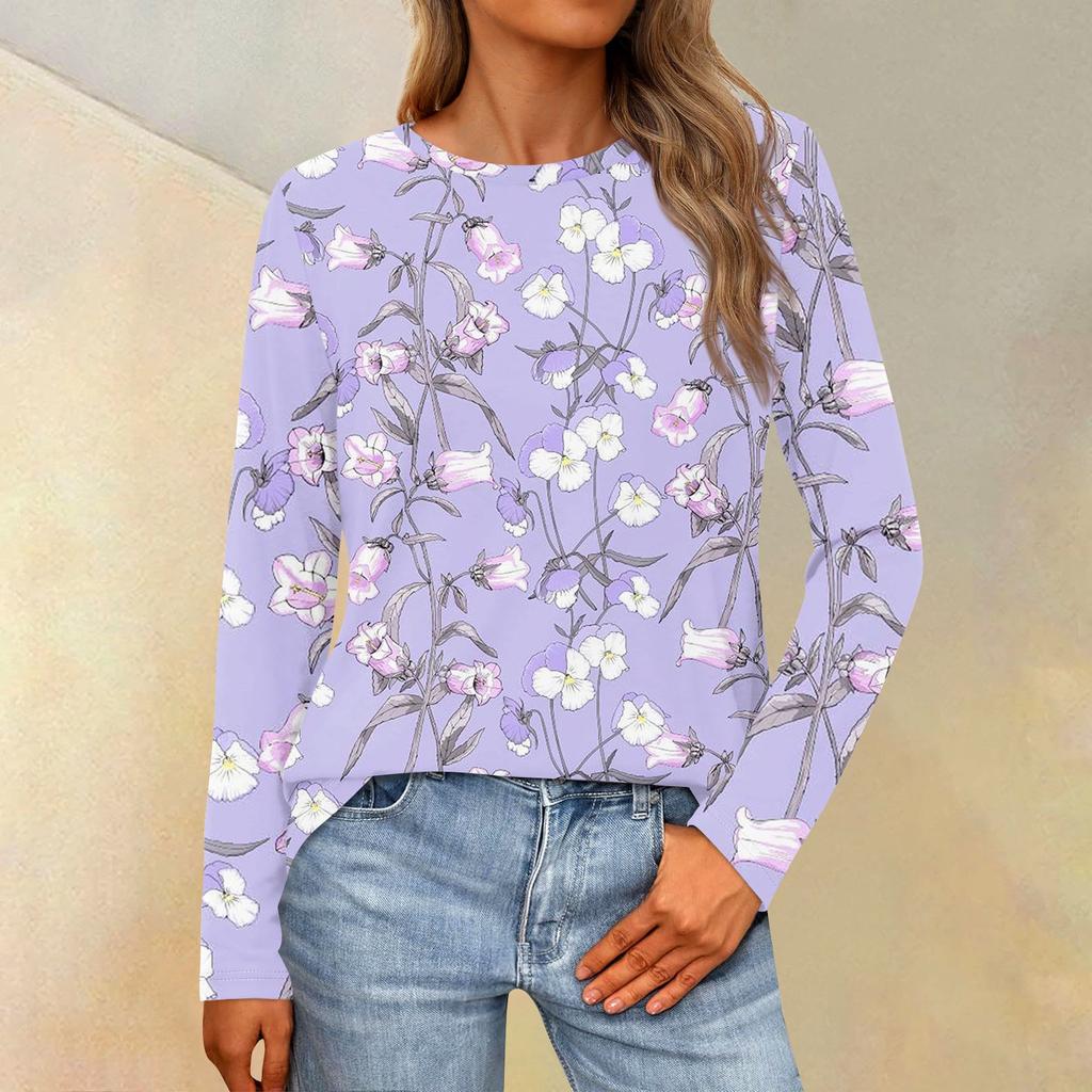 Женская свободная повседневная повседневная футболка с длинным рукавом и круглым вырезом, сплошной цвет, топ