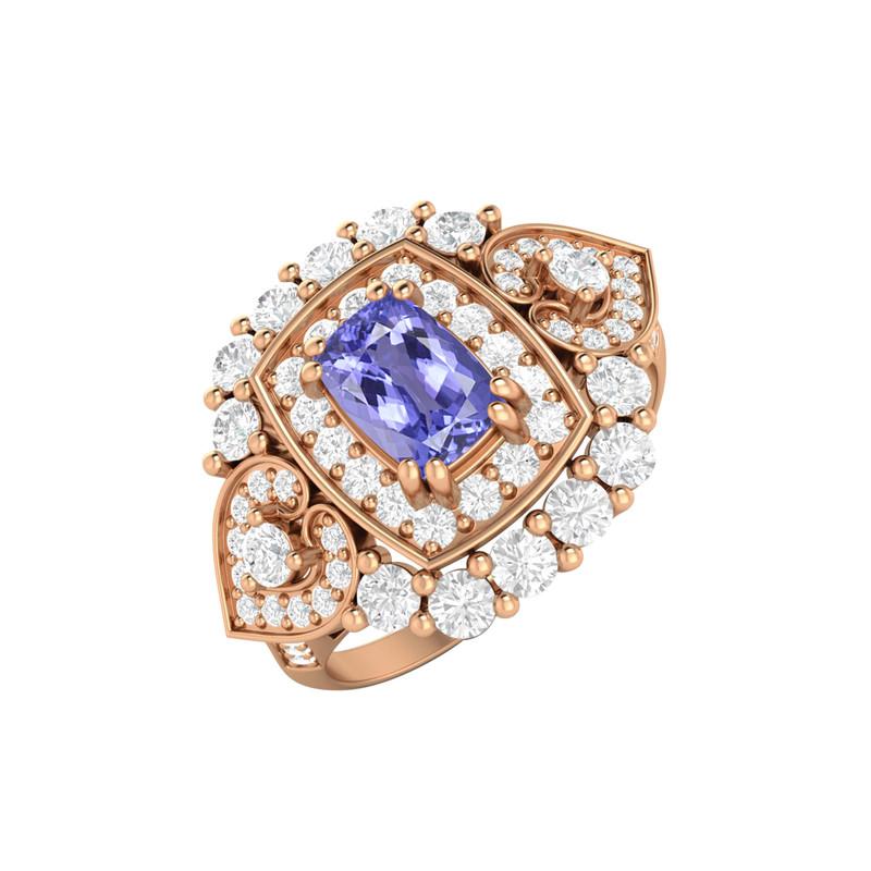 6X4MM Cushion Tanzanite Gemstone 925 Sterling Silver Rose Plated Solitaire Halo Women Engagement Ring