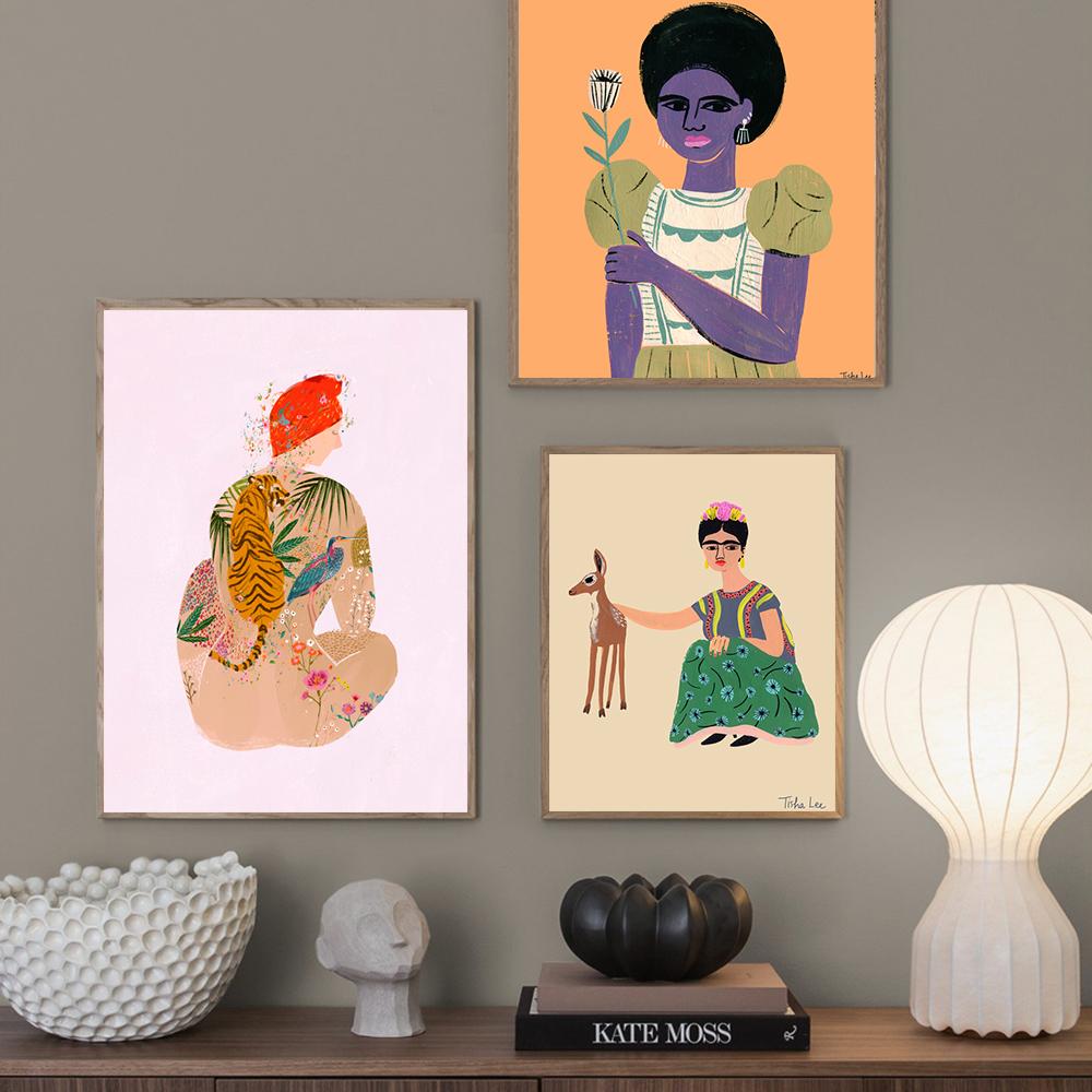 Abstract Tattooed Woman Wall Art Canvas Painting Prints Girl with Animal Flower Pictures Living Room Bedroom Wall Posters Decor