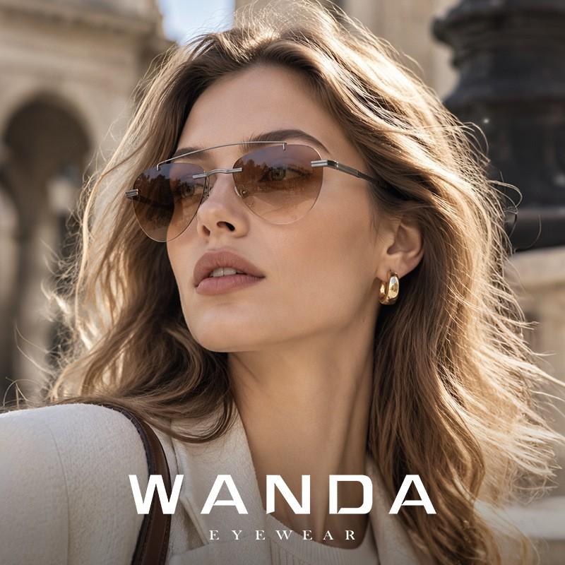 Pure Titanium Rimless Sunglasses S62102 Double Bridge Pilot UV Protection Women