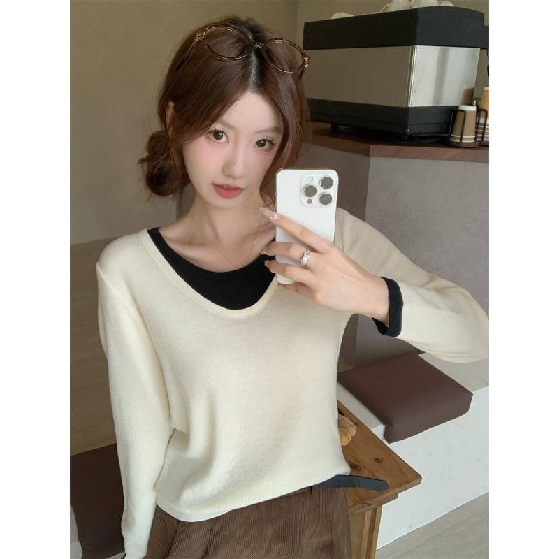 Женский трикотажный свитер с контрастной вставкой, имитирующий двойку, весенний топ с длинным рукавом, повседневная базовая рубашка, снижающая возраст