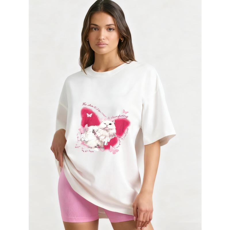Oversized T Shirt Black Cat With Pink Wings And Butterflies Print For Casual Wear