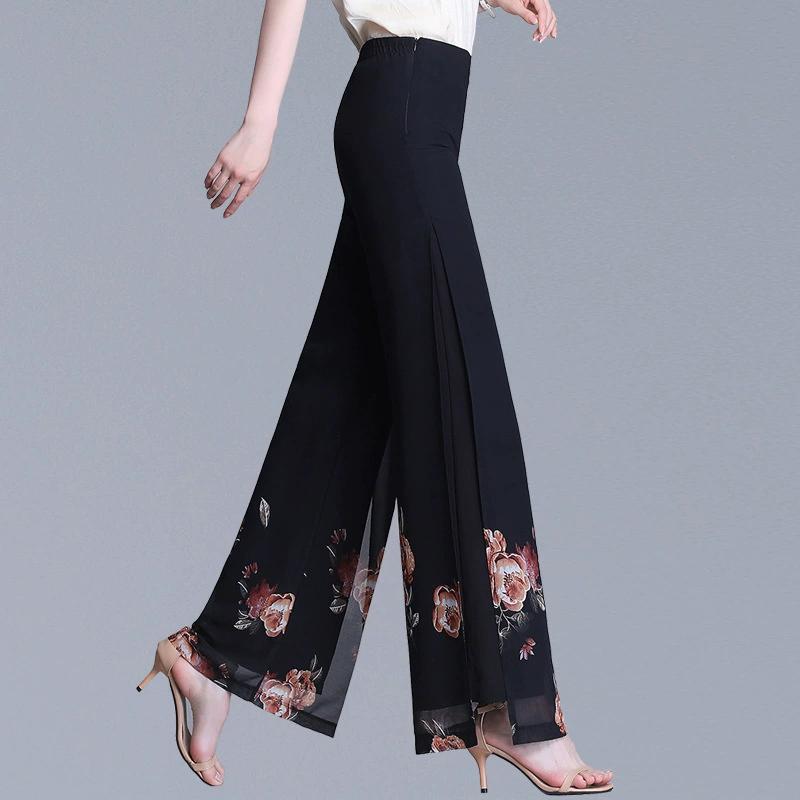 Летние женские двухслойные шифоновые брюки с принтом, широкие брюки с высокой талией, свободные танцевальные брюки-свинг, брюки с ниспадающей юбкой
