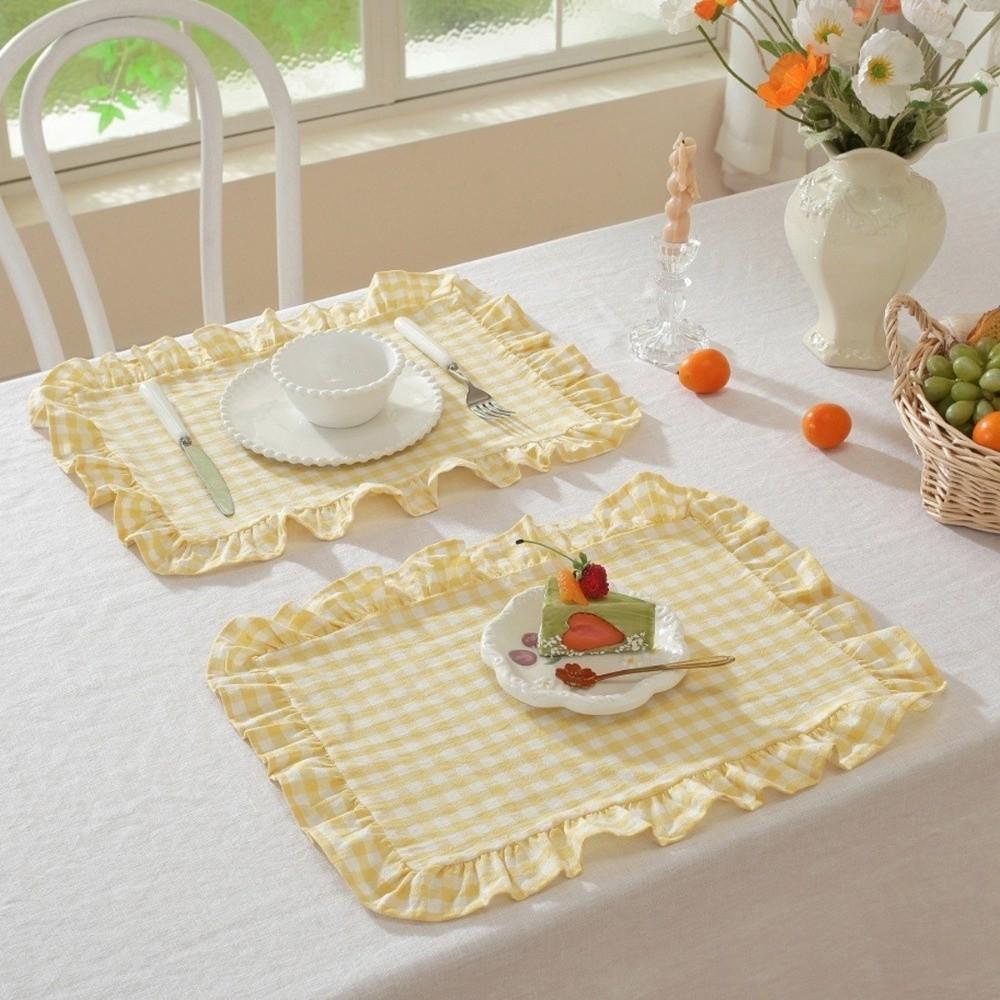 Ruffle Heat-Insulated Mat Stripe Grid Table Mat Washable Coaster  Breakfast