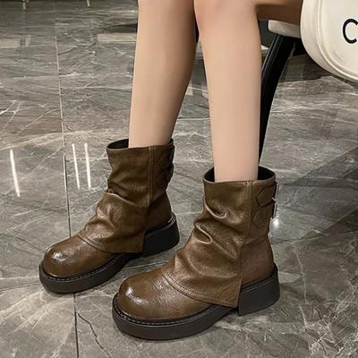 Женские сапоги до середины голени, классические однотонные, в британском стиле, на низком каблуке, мотоциклетные сапоги из искусственной кожи, плиссированные, дизайнерские Botas Femininas