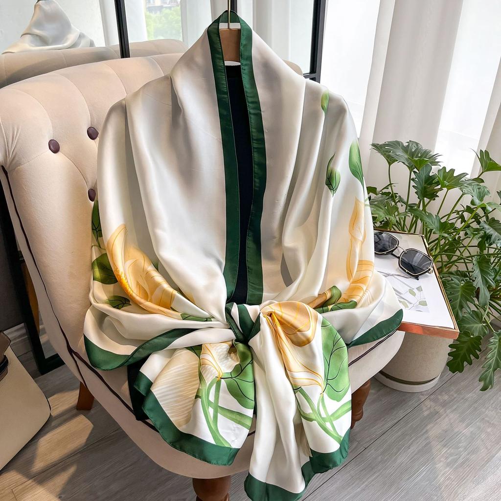 Шелковый шарф для весны и лета, женский элегантный длинный платок с листьями лотоса, дорожный солнцезащитный шарф