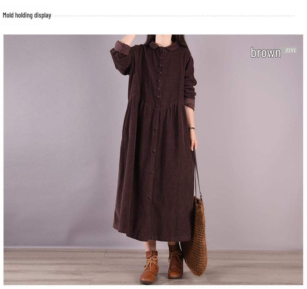 2025 Весна/Осень Ретро Вельветовое Свободное Платье с Длинным Рукавом Однотонное