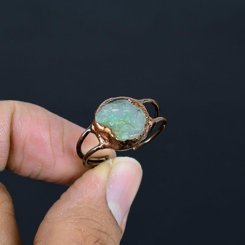 Кольцо из амазонита ручной работы, кольцо из электроформированной меди, антикварное украшение, регулируемое кольцо, подарок на помолвку