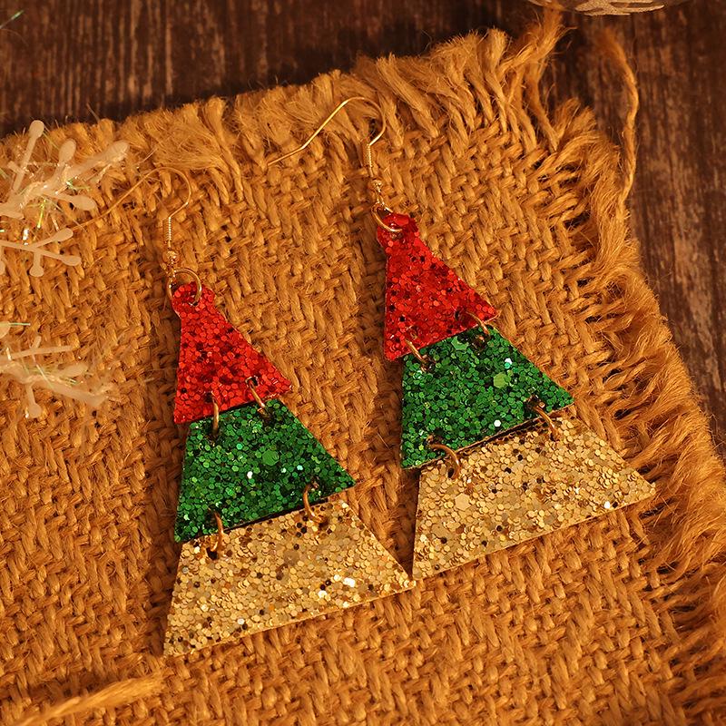 European and American Sequin Christmas Tree Leather Earrings - Three-Layer Spliced Trendy Design