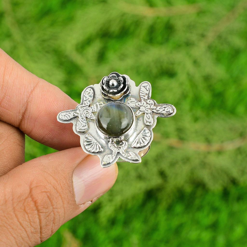 Лабрадорит Драгоценный Камень Цветок на День Рождения Заявление Кольцо Ювелирное Изделие 925 Стерлинговое Серебро