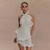 Knitted Halter Mini Dress Sleeveless Crochet Ruffled Tights Short Skirt