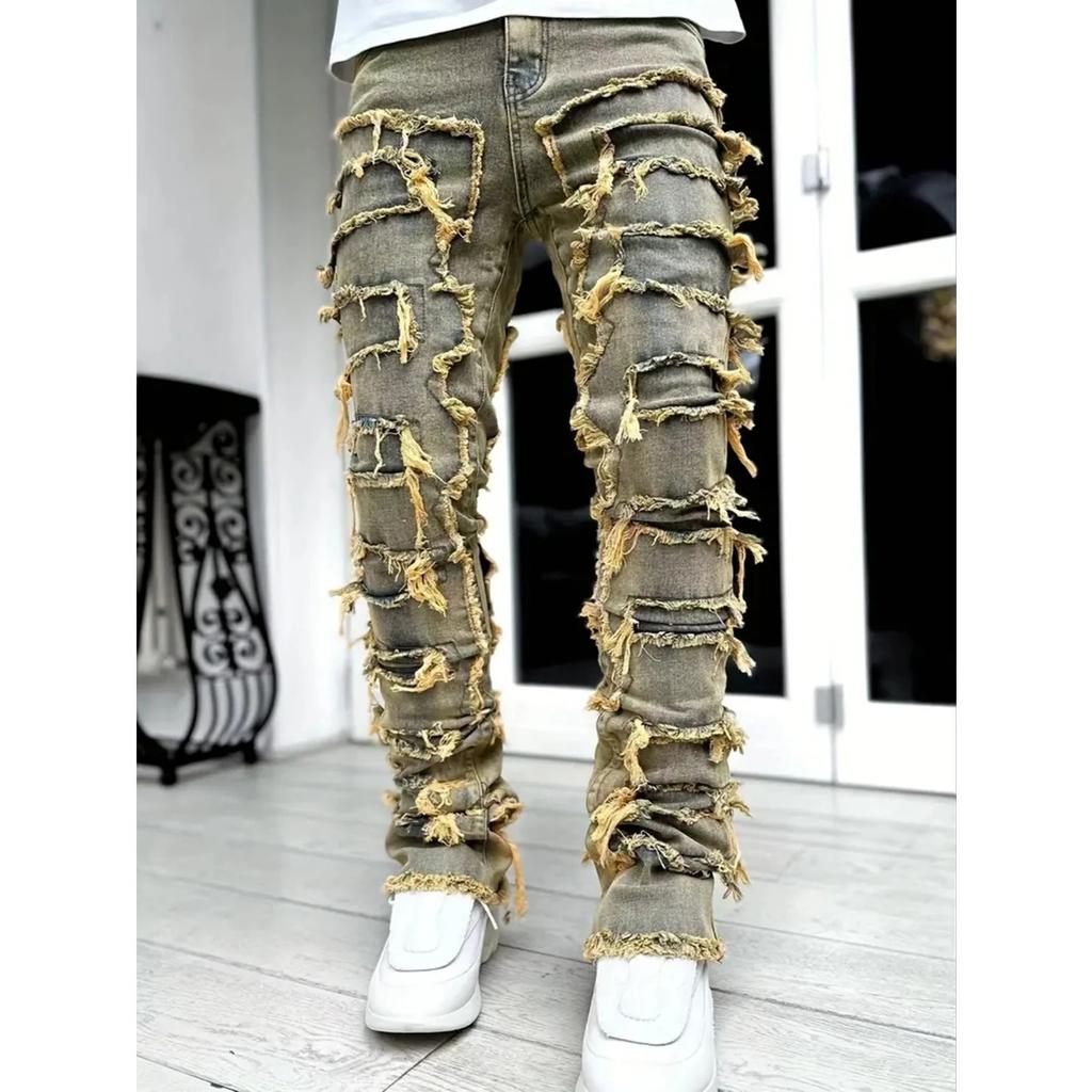 GLYDE Casual Distressed Men's Jeans Tassels Patchwork Design Vintage Washed Stretch Denim Pants Straight Fashion Streetwear Trousers