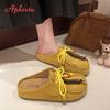 Мода Aphixta 2025 Новые Летние Швейные Балетки с Внешними Шлепанцами Женские Туфли на Шнуровке с Бусинами и Кружевом Модные Женские Туфли Слипоны Желтые Слайды