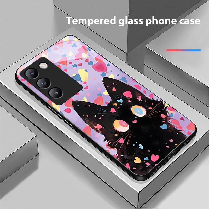 Милый маленький котик для Y72 33S 11 03 36 96 Lite 35 16 Iqoo 12 V40 SE 5G 29 40 21 30 X80 Pro Vivo Чехол для телефона из закаленного стекла Черный