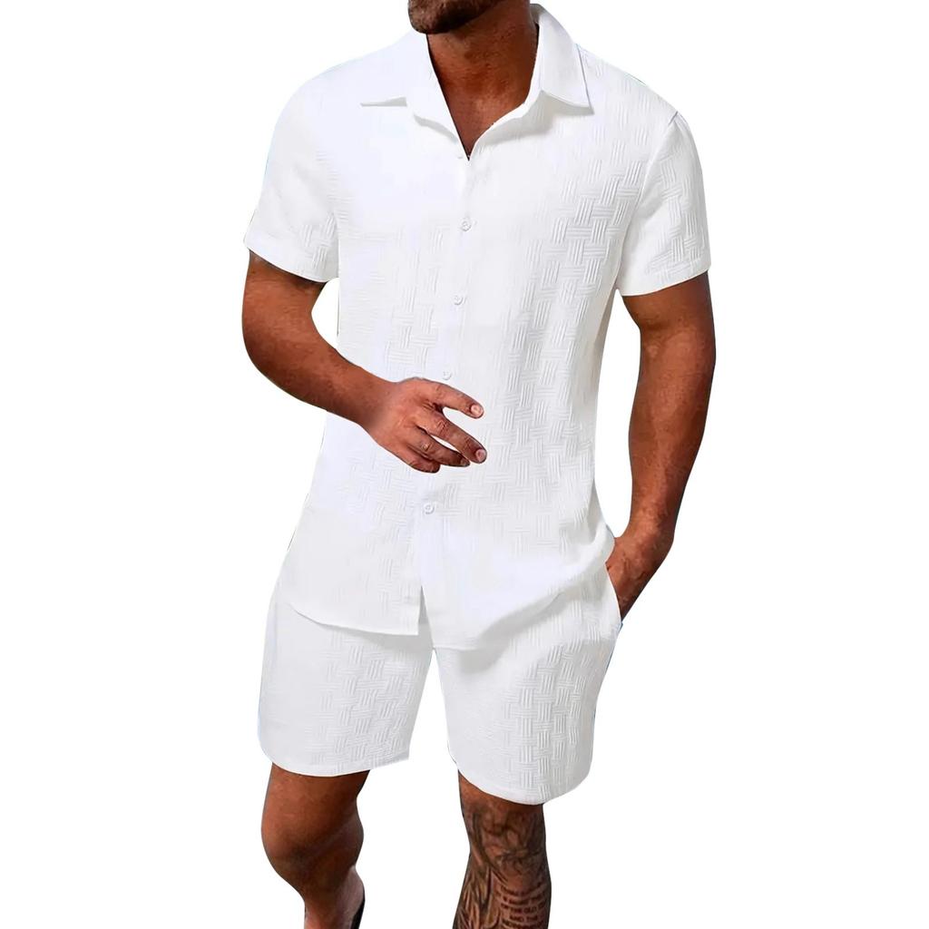 Men's Summer Solid Color Short Sleeve Button Lapel Shirt Shorts Set
