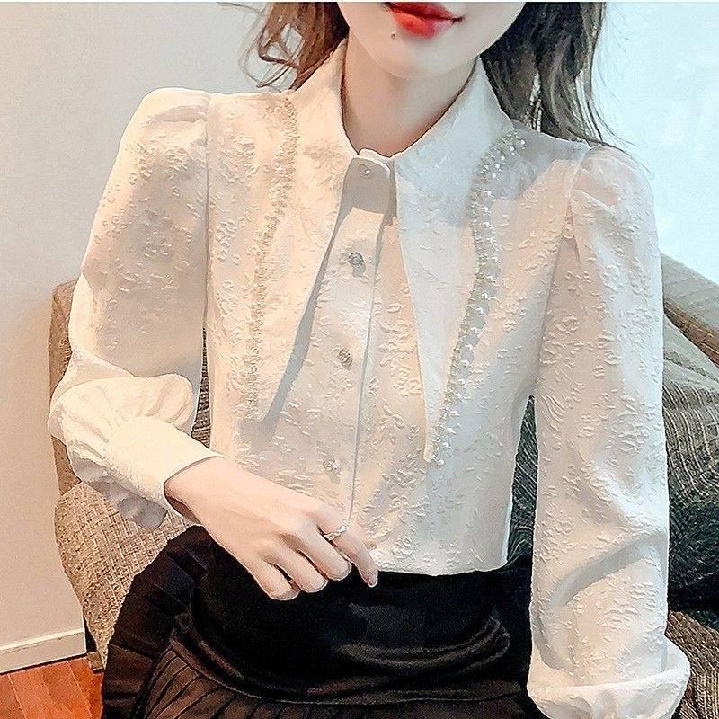 2025 Spring/Autumn French Chic Sweet Peter Pan Collar Bubble Sleeve White Women's Shirt